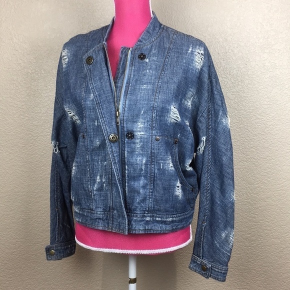 Free People Tattered Distress Tennis Jacket Indigo - Picture 1 of 8